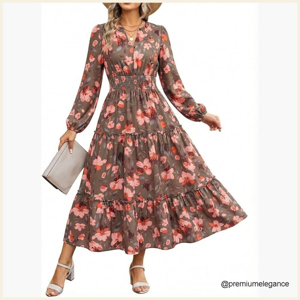 Long Sleeve Midi Dress with Pocket, Boho Floral A-Line, Size S-M-L-XL-XXL